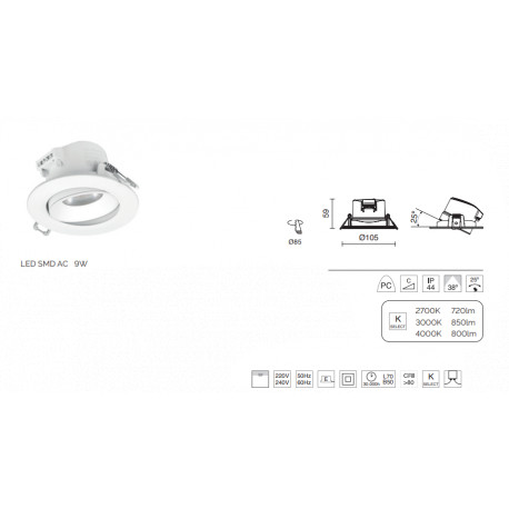 spot encastré de plafond fixe - KRAO - LED SMD - 10.5 W - CCT -IP65 - Angle 100 °- diamètre recouvrement 105 mm