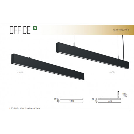 Ligne lumineuse Suspension OFFICE IP40 LED SMD 36W 3392lm(2980lm) CRI80 4000K Noir - IP40 - IK 08