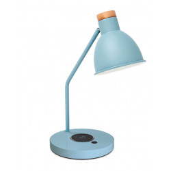 Lampe de bureau VALAN - chargeur induction - en acier E27 coloris BLEU et bois de chêne.