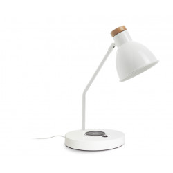 Lampe de bureau à poser VALAN en acier à équiper d'une ampoule E27 coloris Blanc et bois de chêne.