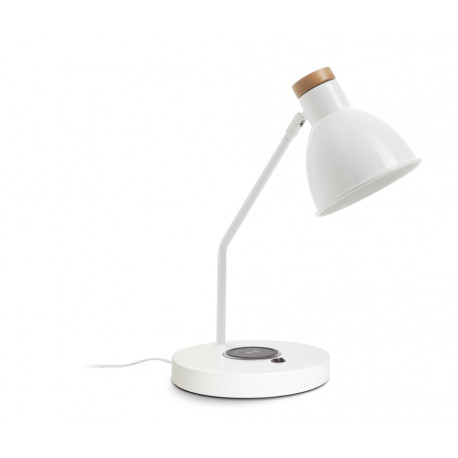 Lampe de bureau à poser VALAN en acier à équiper d'une ampoule E27 coloris Blanc et bois de chêne.